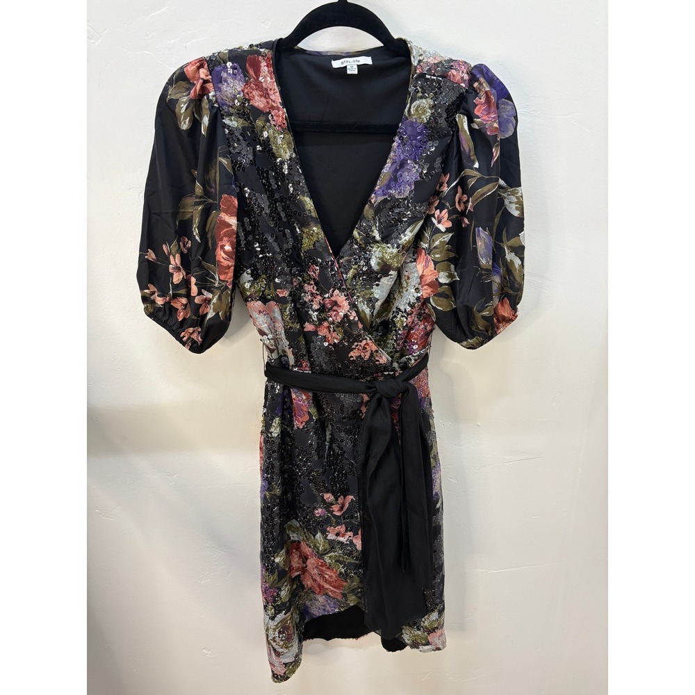 BTFL-life Floral Sequin Wrap Dress Black Purple Puff Sleeve Mini Medium